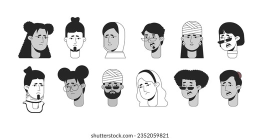 Unhappy sick people monochrome flat linear character heads bundle. Multinational sad people faces. Editable outline people icons. Line users faces. 2D cartoon spot vector avatar illustration pack