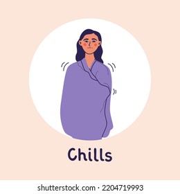 Unhappy sick woman covered with blanket, feeling cold, shivering and freezing. Female with a chill. Fever temperature, flu concept. Flat vector illustration.