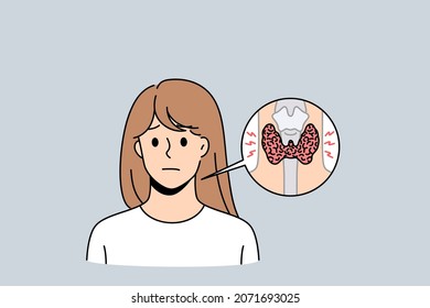 Unhappy sick woman have problems with gland or trachea suffer from painful feeling. Unhealthy girl with closeup picture of larynx body organ. Healthcare concept. Anatomy. Vector illustration.