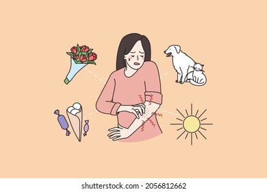 Unhappy sick woman scratch itch body suffer from seasonal allergy. Unwell girl struggle with itchy skin, inflammation. Eczema or atopic dermatitis, skincare problem concept. Vector illustration. 