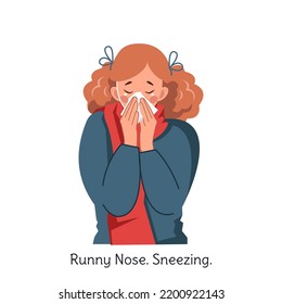 An unhappy sick woman in a warm sweater with symptoms of allergies, flu or colds. Vector illustration of a red-haired girl with a runny nose, sneezing. Isolated on white