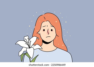 Unhappy sick young woman with red nose suffer from flower allergy. Ill girl struggle with pollen allergic reaction. Healthcare concept. Vector illustration.