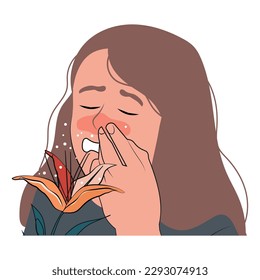 Unhappy sick young woman with red nose suffer from flower allergy. Ill girl struggle with pollen allergic reaction. Healthcare concept. Vector illustration.