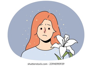 Unhappy sick young woman with red nose suffer from flower allergy. Ill girl struggle with pollen allergic reaction. Healthcare concept. Vector illustration.