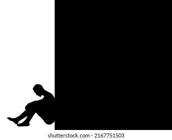 Unhappy single man vector illustration, sitting on ground and leaning against wall. Missing someone concept idea. Time to go, say goodbye or good bye. Empty copy space or area for advertising banners.