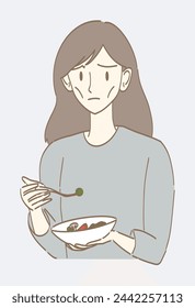 Unhappy skinny woman suffering from anorexia holding bowl of vegetables, eating too little for the fear of putting on weight. Hand drawn flat cartoon character vector illustration.