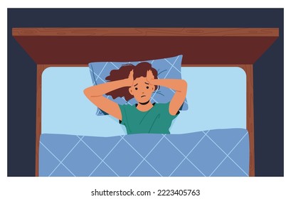 El descontento de las mujeres sin dormir sufre de insomnio debido a la ronquidez, el ruido en la habitación o los pensamientos molestos en mente. Mujer en cama sosteniendo la cabeza con las manos. Ilustración de vectores de personas de caricatura