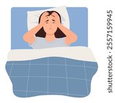 Unhappy sleepless woman suffering of Insomnia due to snore, loud noise in room or annoying thoughts in mind. Woman Lying in Bed Holding Head with Hands. Vector Illustration