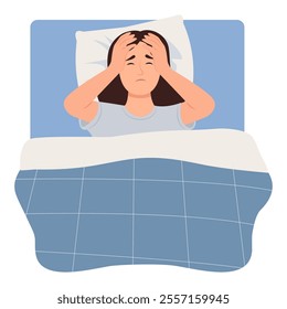 Unhappy sleepless woman suffering of Insomnia due to snore, loud noise in room or annoying thoughts in mind. Woman Lying in Bed Holding Head with Hands. Vector Illustration