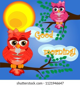 An unhappy, sleepy owl on a tree branch in the morning, the sun shines and smiles. Inscription Good morning. Morning, breakfast