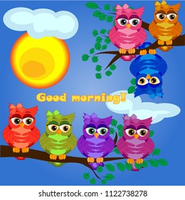 An unhappy, sleepy owl on a tree branch in the morning, the sun shines and smiles. Inscription Good morning. Morning, breakfast