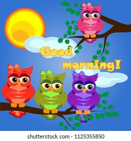 An unhappy, sleepy owl on a tree branch in the morning, the sun shines and smiles. Inscription Good morning. Morning, breakfast