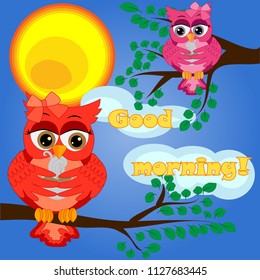 An unhappy, sleepy owl on a tree branch in the morning, the sun shines and smiles. Inscription Good morning. Morning, breakfast