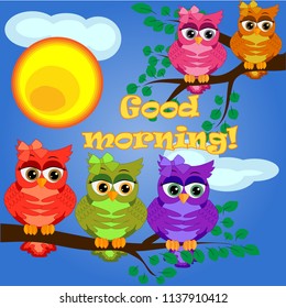 An unhappy, sleepy owl on a tree branch in the morning, the sun shines and smiles. Inscription Good morning.