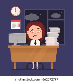 Unhappy sleepy sad office worker business woman character has lot of hard work. Vector flat cartoon illustration