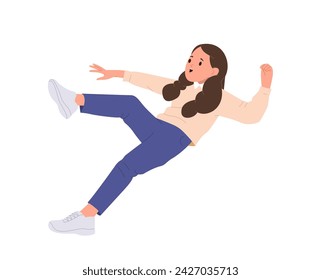 Unhappy slipped tripped girl kid cartoon character falling down on walk outdoors vector illustration