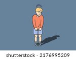 Unhappy small boy child feel insecure and lonely. Upset little kid suffer from loneliness or solitude, lack communication. Children problem. Vector illustration. 