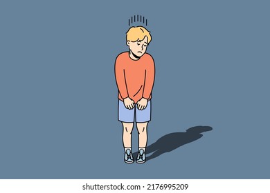 Unhappy small boy child feel insecure and lonely. Upset little kid suffer from loneliness or solitude, lack communication. Children problem. Vector illustration. 