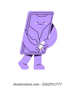 Unhappy smartphone character cries with band aid. Sad phone mascot with hurt, broken screen. Damaged, crushed telephone with adhesive plaster. Flat isolated vector illustration on white background