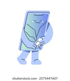 Unhappy smartphone cries for hurt, pain, ache. Sad phone character sticks band aid on broken screen. Damaged telephone with adhesive plaster on display. Flat isolated vector illustration on white