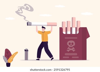 Unhappy smoker with addiction. Young adult carry heavy giant cigarette. Unhealthy habit, narcotic dependence concept. Man not give up smoker lifestyle, social and mental problems. vector illustration