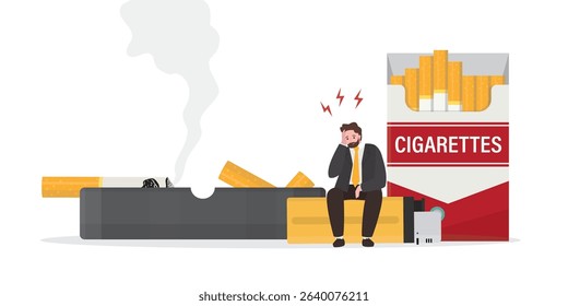 Unhappy smoker sitting on lighter. Cigarette butts in ashtray. Full cigarette pack. Bad addiction, tobacco and nicotine product. Smoking kills, unhealthy lifestyle. Stop smoking. vector illustration