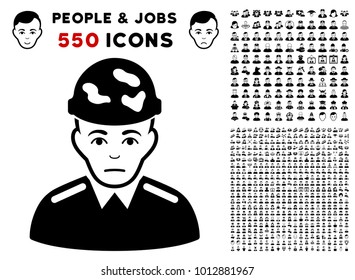 Unhappy Soldier pictograph with 550 bonus pitiful and glad men pictograms. Vector illustration style is flat black iconic symbols.