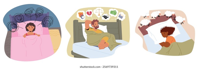 Unhappy sorrowful people characters suffering from insomnia due to negative tangled thoughts lying in bed counting sheep, having stress life difficulties scene. Sleeping disorder vector illustration