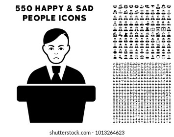 Unhappy Speaker Gentleman pictograph with 550 bonus pity and happy jobs pictographs. Vector illustration style is flat black iconic symbols.