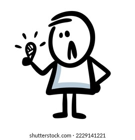 Unhappy stickman character looking on his bandaged finger with sad grin. Vector illustration of funny sick boy with problems in health.