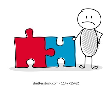 Unhappy stickman holding puzzles. Vector.