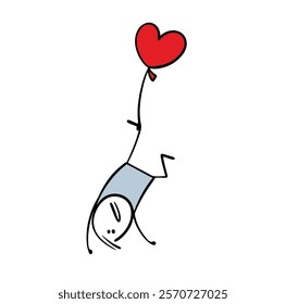 Unhappy stickman in love is trapped, flying upside down in the sky. Vector illustration of   balloon heart and a guy tied by the leg. Funny character on white background.