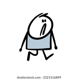 Unhappy stickman walking outdoor without energy. Vector illustration of tired boy. Hand drawn stick figure character isolated on white background.