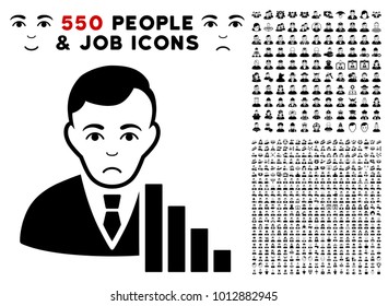 Unhappy Stock Trader pictograph with 550 bonus pity and glad jobs pictograms. Vector illustration style is flat black iconic symbols.