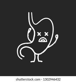 Unhappy stomach character chalk icon. Gastritis. Unhealthy digestive system. Gastrointestinal tract disease, problem. Indigestion. Isolated vector chalkboard illustration