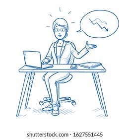 Unhappy, stressed business woman, employee at her desk with laptop, tablet and smart phone, with falling chart in thought bubble.  Hand drawn blue line art cartoon vector illustration