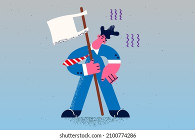 Unhappy stressed businessman hold white flag or surrender show failure and lose. Upset distressed man director or manager demonstrate capitulation and defeat. Flat vector illustration. 