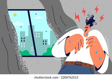 Unhappy stressed man look out of window suffer from sociophobia. Upset guy struggle with anxiety or panic attack stay at home. Vector illustration. 