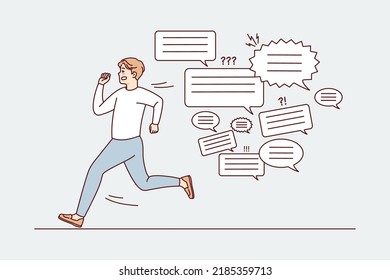 Unhappy stressed man running from messages and text notices. Anxious guy quit notifications feel annoyed and overwhelmed with spam. Vector illustration. 