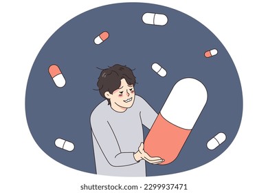 Unhappy stressed man suffer from drug addiction hold huge pill. Upset unhealthy guy struggle with depression addicted to medication and tablets. Medicine and healthcare. Vector illustration.