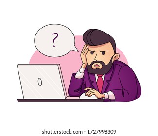 unhappy stressed man at work sits at the table and works on laptop. angry office worker. speech bubble with question mark above his head. burnout, problem, anxiety. isolated stock vector illustration