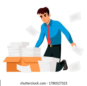 Unhappy, stressed overworked employee kneeling front of box with paper document stack. Annoyed office worker cant find right file at workplace. Busy overload working day, stressful schedule vector