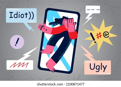 Unhappy stressed teen girl cry suffer from bullying on internet feel distressed broken with negative comments. Frustrated woman struggle with web harassment on phone. Flat vector illustration. 