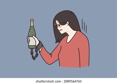 Unhappy stressed woman connected with chains to bottle suffer from alcohol addiction. Upset female addicted to alcoholic beverage need help. Alcoholism and healthcare concept. Vector illustration. 