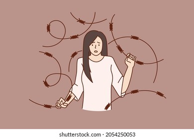 Unhappy stressed woman in depression doodle, suffer from nervous disorder or breakdown. Depressed upset female struggle with mental health problems. Healing, psychotherapy. Vector illustration. 