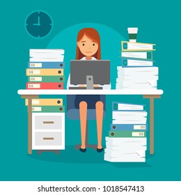 Unhappy Stressed Woman Doing Late At Work With A Lot Of Papers, Piles Of Documents, Computer. Office Work, Work Load. Concept Vector Illustration In Flat Style.