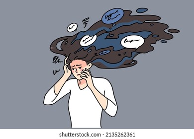 Unhappy stressed woman with paranoid thoughts in mind. Upset distressed girl suffer from panic stressful ideas, have psychological mental problems. Counseling concept. Vector illustration. 