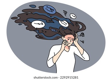 Unhappy stressed woman with paranoid thoughts in mind. Upset distressed girl suffer from panic stressful ideas, have psychological mental problems. Counseling concept. Vector illustration.