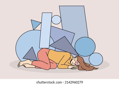 Unhappy stressed young woman immobile under life troubles burden. Upset girl distressed with psychological or mental problems. Depression and stress concept. Vector illustration. 