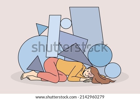 Unhappy stressed young woman immobile under life troubles burden. Upset girl distressed with psychological or mental problems. Depression and stress concept. Vector illustration. 